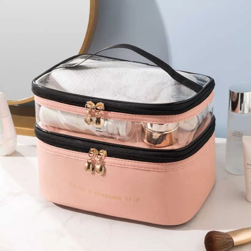 Large Capacity Travel Makeup Bag Double Layer Clear PU