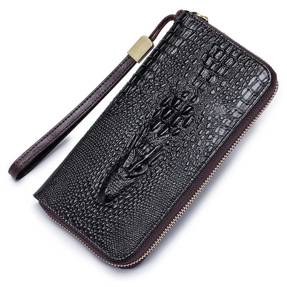 Crocodile Pattern Genuine Leather Long Zipper Wallet