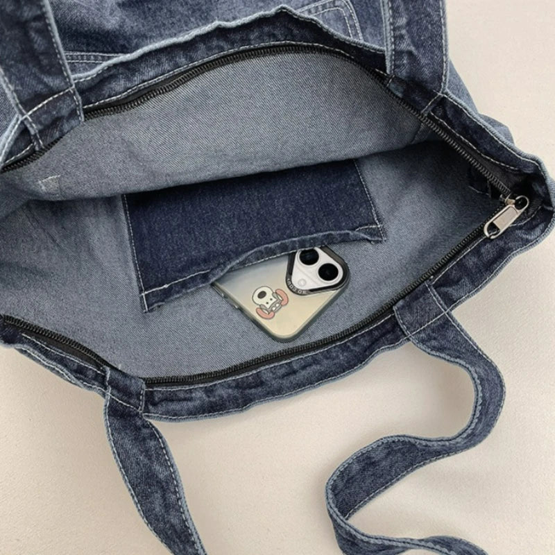 Denim Tote Bag – Large Capacity Shoulder Bag with Pocket