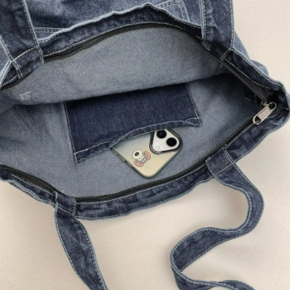 Denim Tote Bag – Large Capacity Shoulder Bag with Pocket