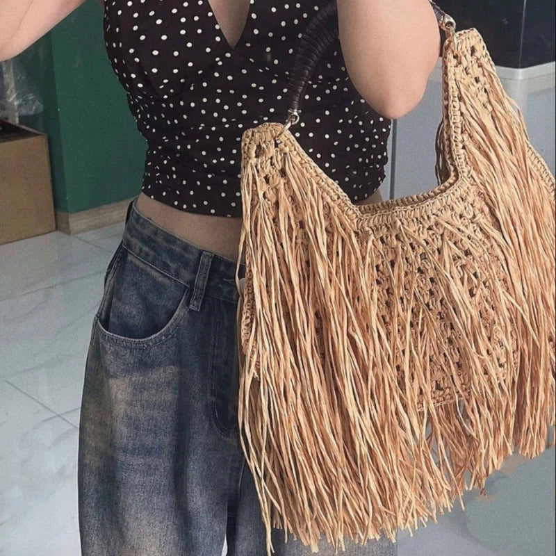 Tassel Fringe Straw Shoulder Bag – Large Boho Beach Handbag