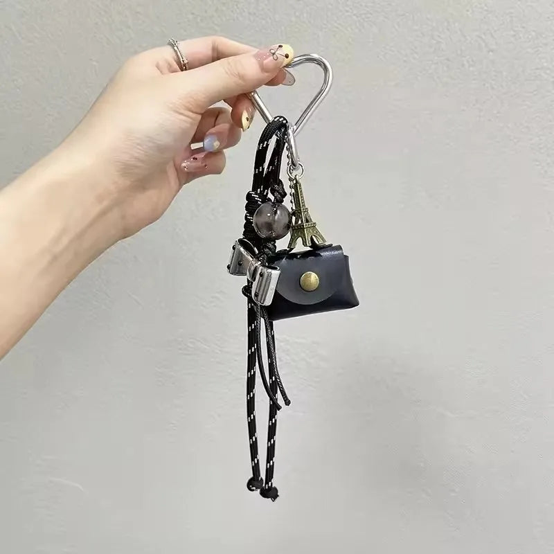 Cute Bag Charm Keychain with Mini Purse, Bow & Eiffel Tower Pendant