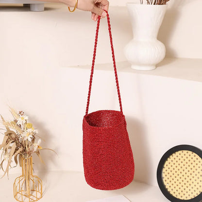 Handwoven Straw Bucket Bag – Boho Crossbody Tote