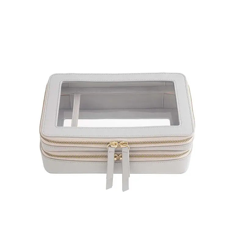 Transparent PVC Window Makeup Bag – PU Leather Travel Cosmetic Organizer