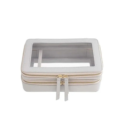 Transparent PVC Window Makeup Bag – PU Leather Travel Cosmetic Organizer