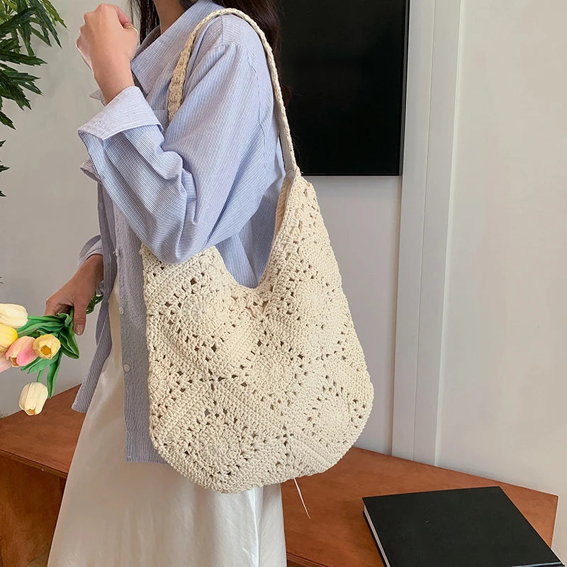 Woven Straw Tote Bag – French Crochet Large Shoulder Handbag