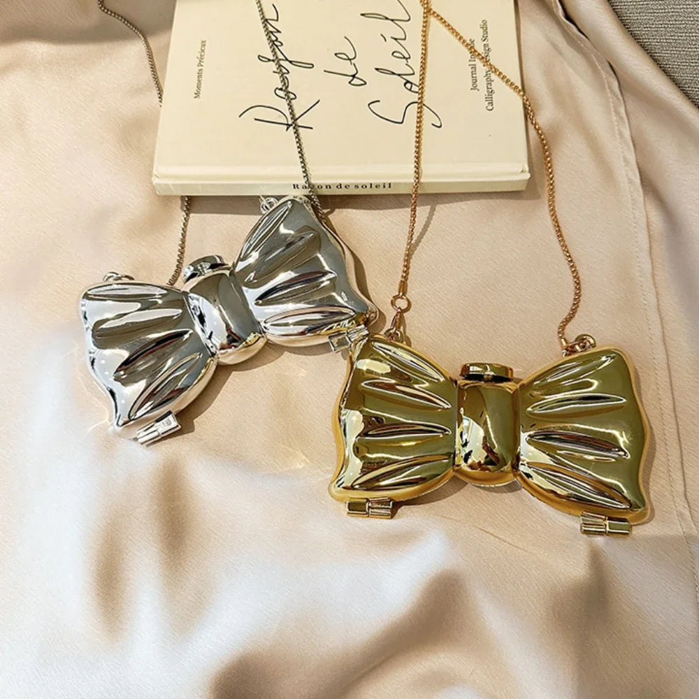 Bow-Shaped Evening Clutch Bag – Gold & Silver Chain Purse