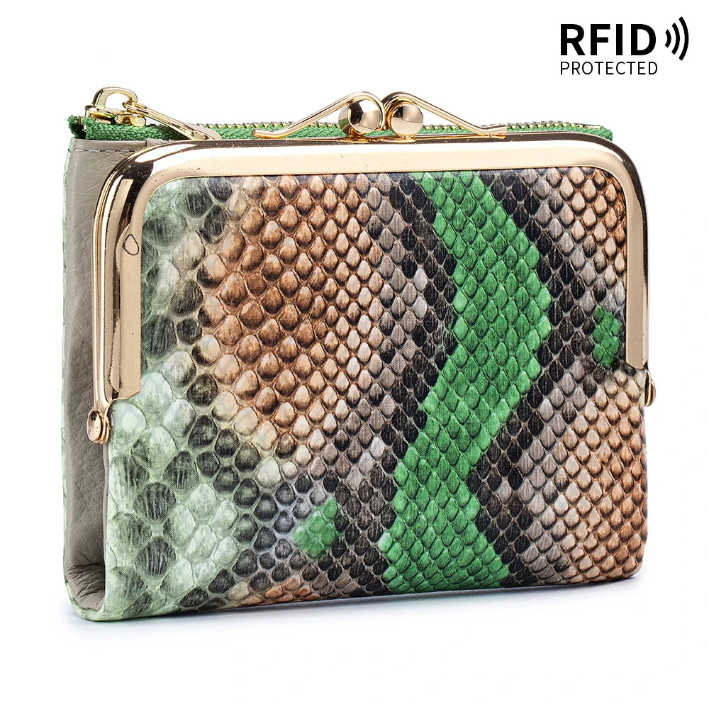 RFID Blocking Women's Genuine Leather Serpentine Clutch Wallet