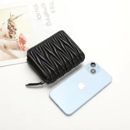 Genuine Lambskin Leather Short Wallet for Women – Quilted Zip Purse