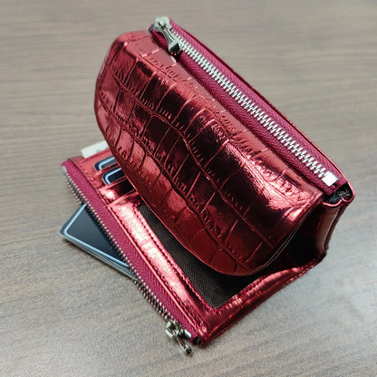 Metallic Crocodile Pattern Short Wallet – Women's Leather Purse