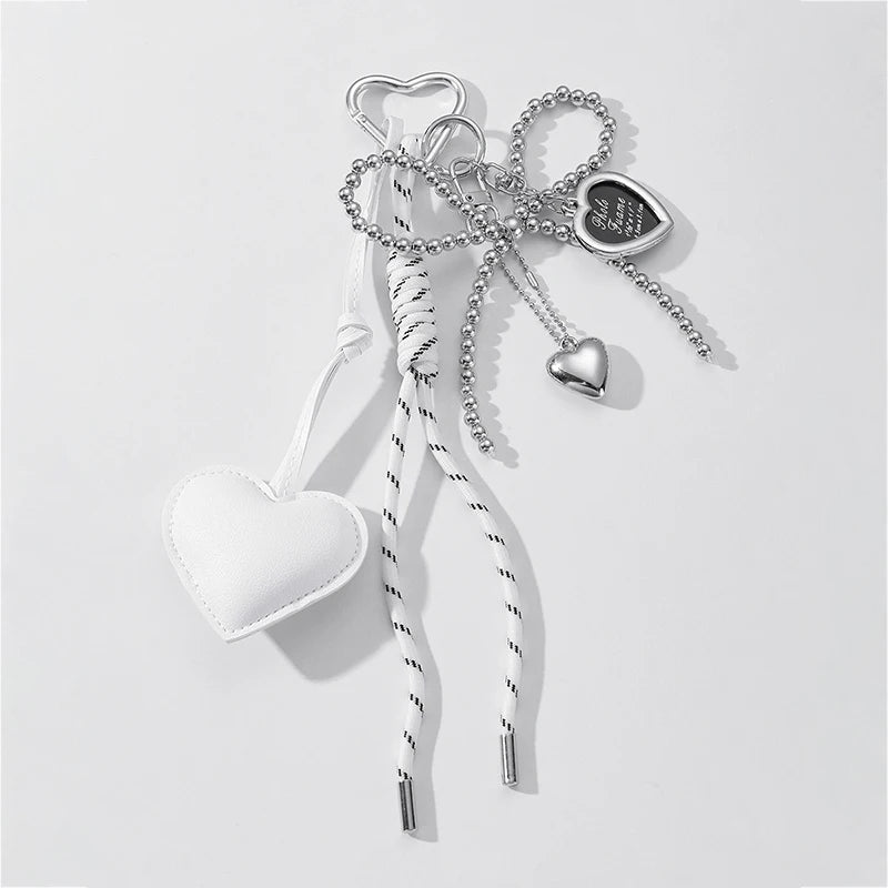 Heart Bow Keychain with Beaded Chain & Leather Pendant