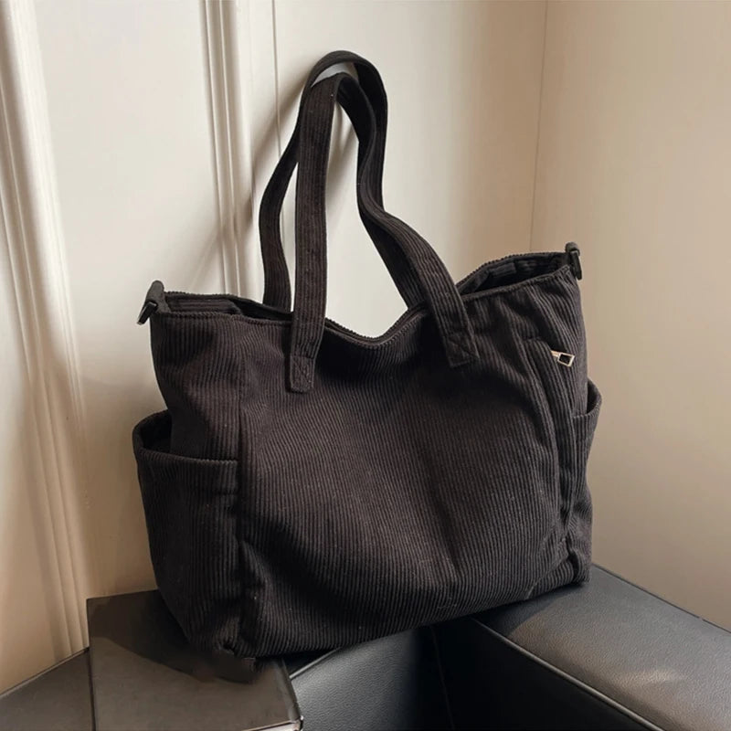 Corduroy Tote Bag for Women – Multi-Pocket Crossbody Shoulder Bag