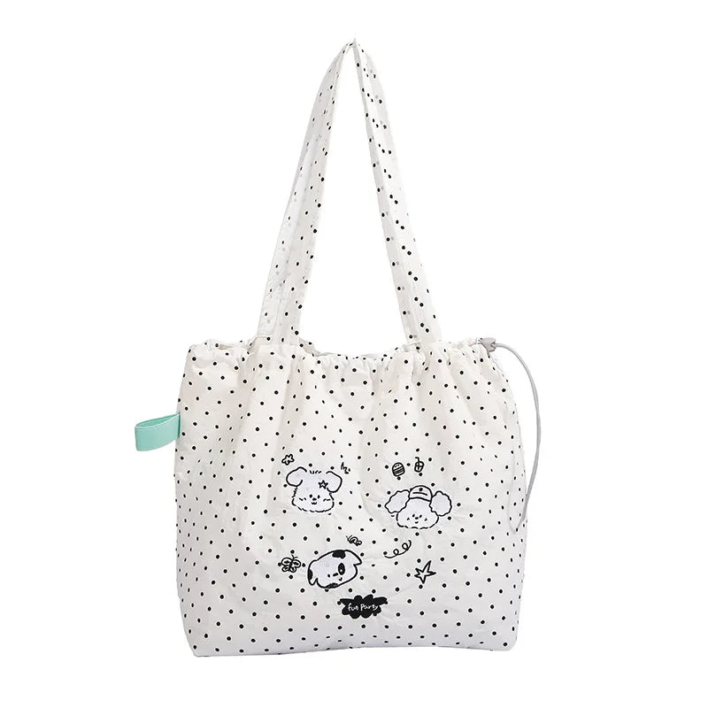 Cute Polka Dot Puppy Embroidery Shoulder Bag Cartoon Graffiti Nylon Tote Lightweight Large Capacity