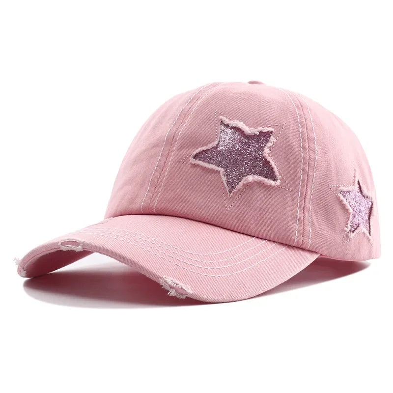 Ponytail Baseball Cap Star Patch Distressed Snapback Women Hat