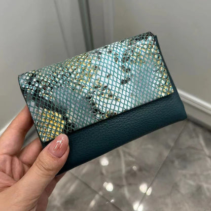 Snake Pattern Genuine Cowhide Leather Trifold Wallet for Women