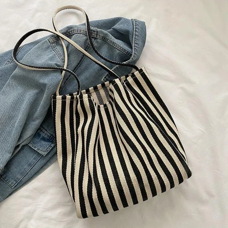 Large Canvas Tote Bag – Striped Shopper Shoulder Bag