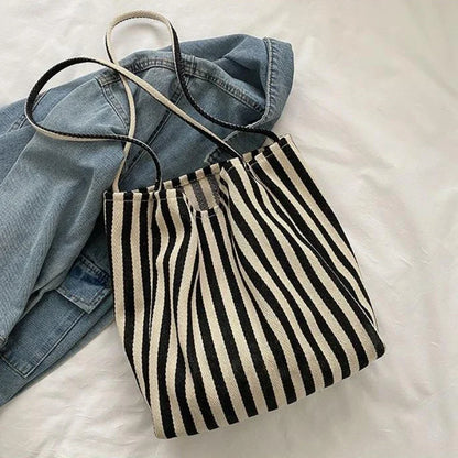 Large Canvas Tote Bag – Striped Shopper Shoulder Bag