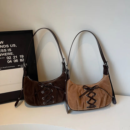 Moods Women Crescent Underarm Shoulder Bags Lacing Design Pu Suede Armpit Hobo Bag Winter Latest
