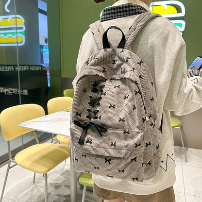 Corduroy Bow Print Backpack for Women – Large Laptop School Bag