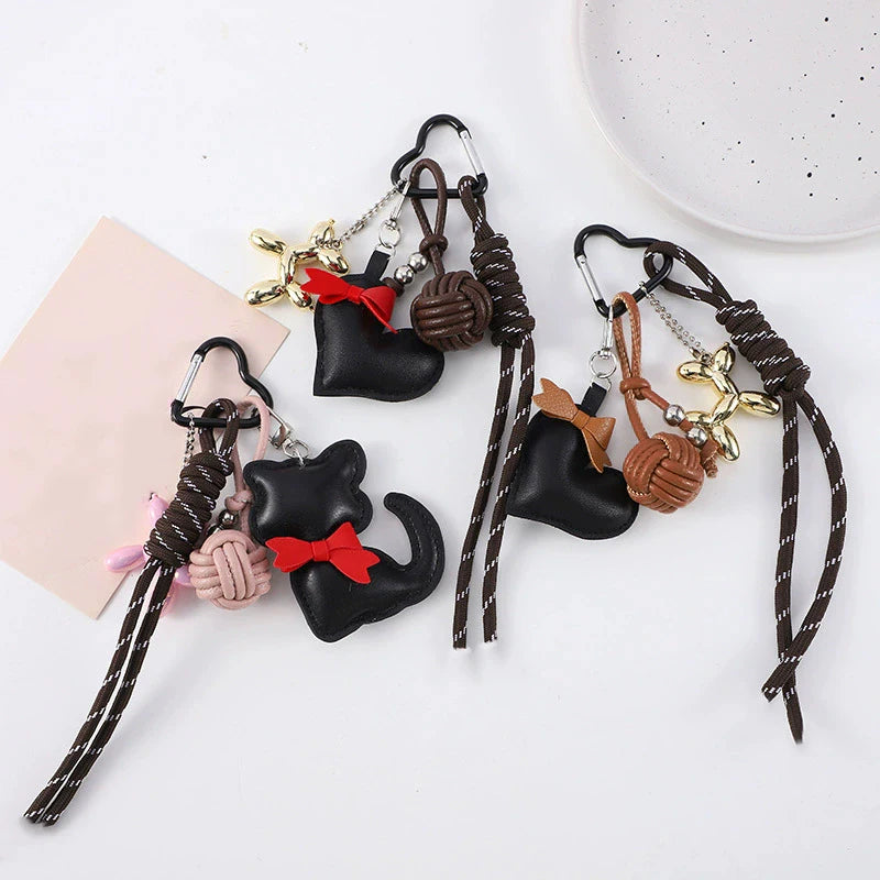 PU Leather Heart Bow Keychain with Balloon Dog Charm