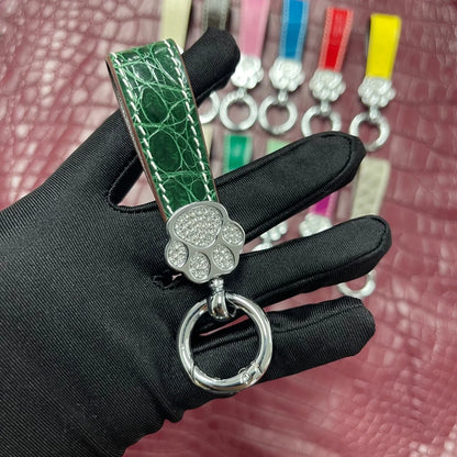 Genuine Crocodile Leather Cat Paw Rhinestone Keychain