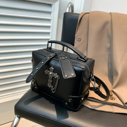 Gothic Punk PU Leather Crossbody Box Bag with Cross & Chain Detail