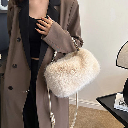 Plush Faux Fur Crossbody Bag with Pearl Chain Strap