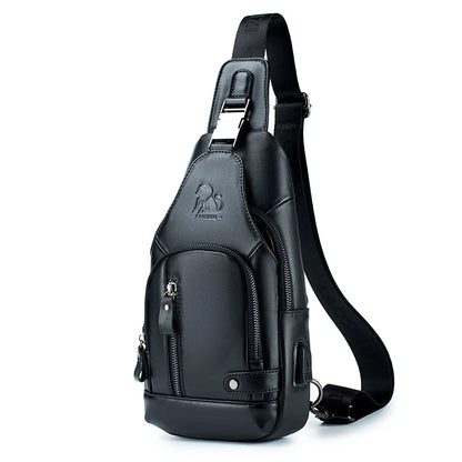 Men's Genuine Leather Sling Bag with USB Charging Port