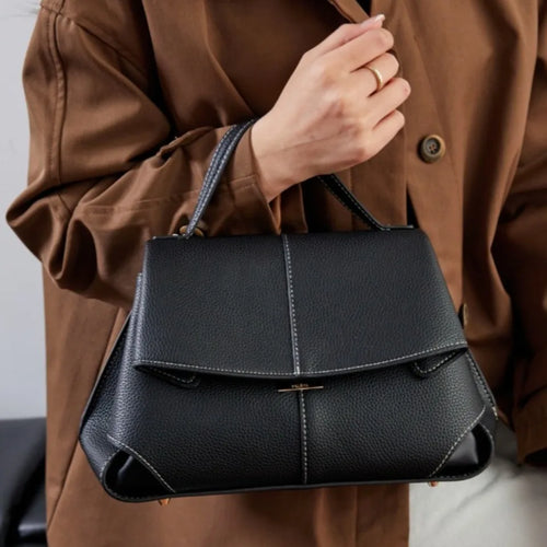 Pebbled Leather Flap Satchel Bag – Top Handle Crossbody Commuter