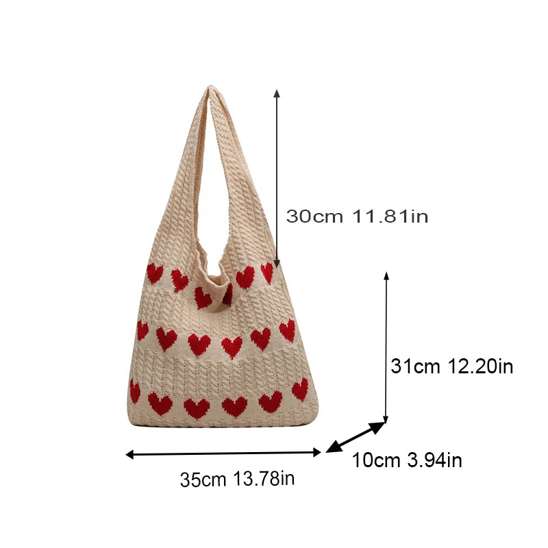 Knitted Heart Pattern Tote Bag Large Capacity for Women