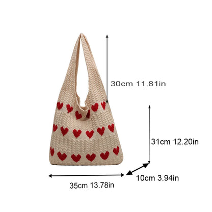 Knitted Heart Pattern Tote Bag Large Capacity for Women