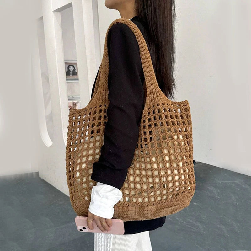Crochet Tote Bag for Women – Large Hollow Knit Beach Shoulder Bag