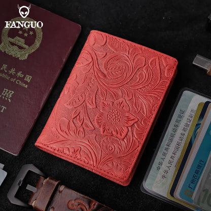Handmade Floral Embossed Leather Card Wallet & Coin Pouch