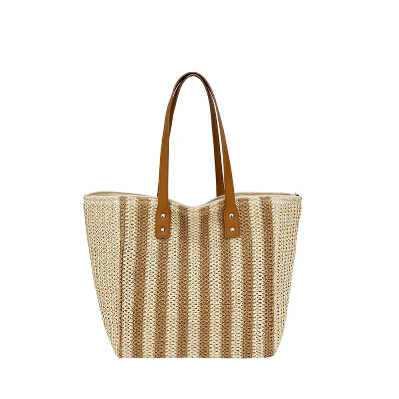 Striped Woven Straw Tote Bag – Large Capacity Shoulder Bag for Women