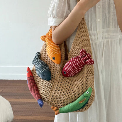 Fish Design Knit Shoulder Bag – Woven Hobo Tote