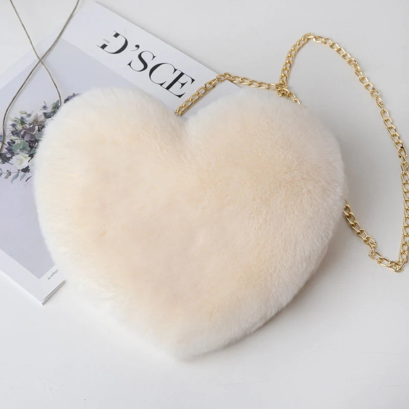 Plush Heart Crossbody Bag – Women's Fluffy Chain Shoulder Bag