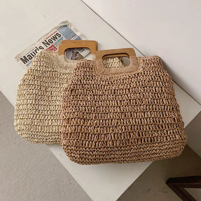 Woven Straw Tote Bag – Wooden Handle Beach & Travel Handbag