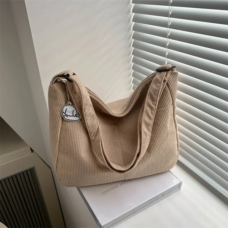 Corduroy Shoulder Tote Bag – Women's Striped Large Capacity