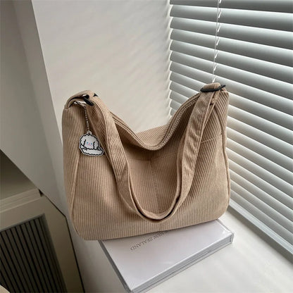 Corduroy Shoulder Tote Bag – Women's Striped Large Capacity