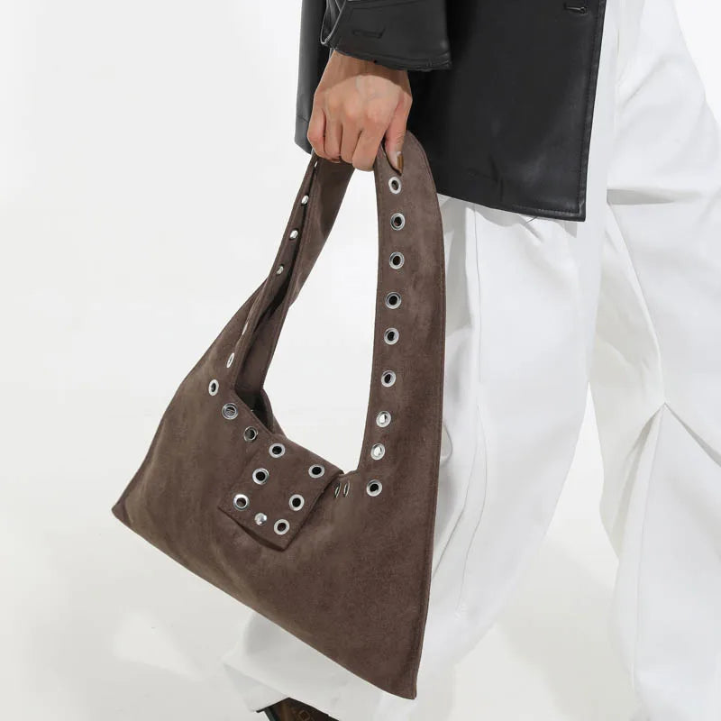 Suede Shoulder Bag – Women's Retro Hobo Bag with Eyelet Detail