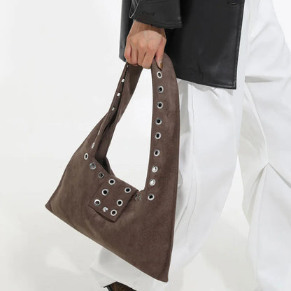 Suede Shoulder Bag – Women's Retro Hobo Bag with Eyelet Detail