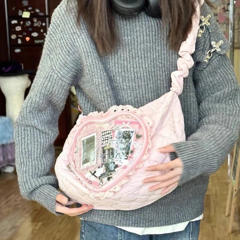 Kawaii Lolita Ita Bag Heart Window Pleated Drawstring Shoulder Bag