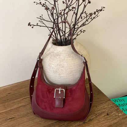 Moods Belt Buckle Design Crossbody Bags Women Pu Suede Commute Underarm Shoulder Hobo Bag Designer
