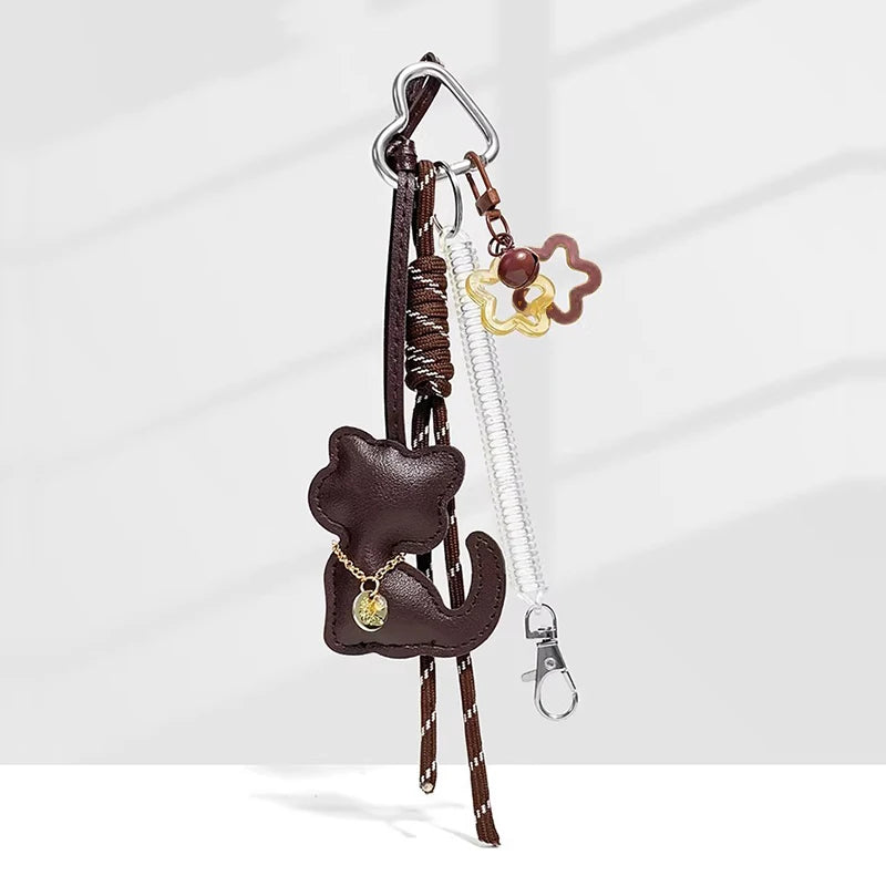 Leather Cat Keychain Charm with Bell & Star Pendant