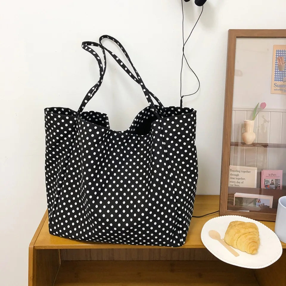 Polka Dot Canvas Tote Bag – Retro Large Capacity Shoulder Bag