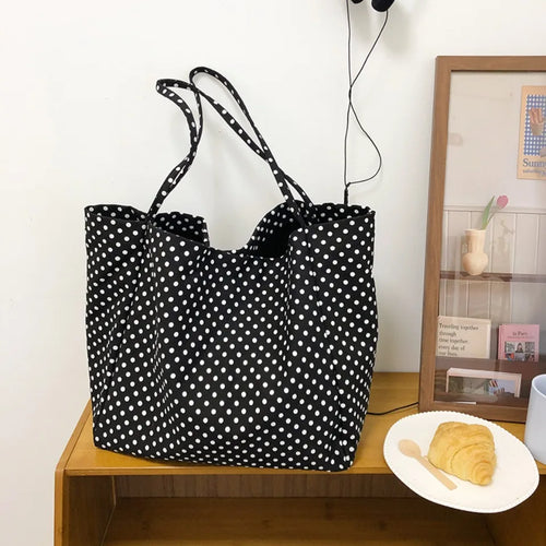 Polka Dot Canvas Tote Bag – Retro Large Capacity Shoulder Bag