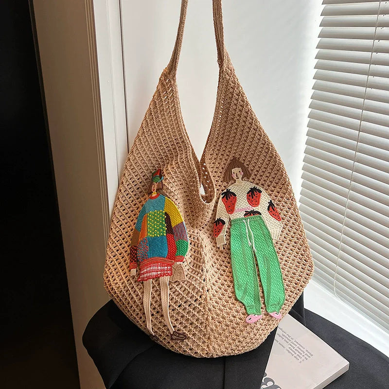 Crochet Knit Shoulder Tote Bag with Embroidery – Large Capacity