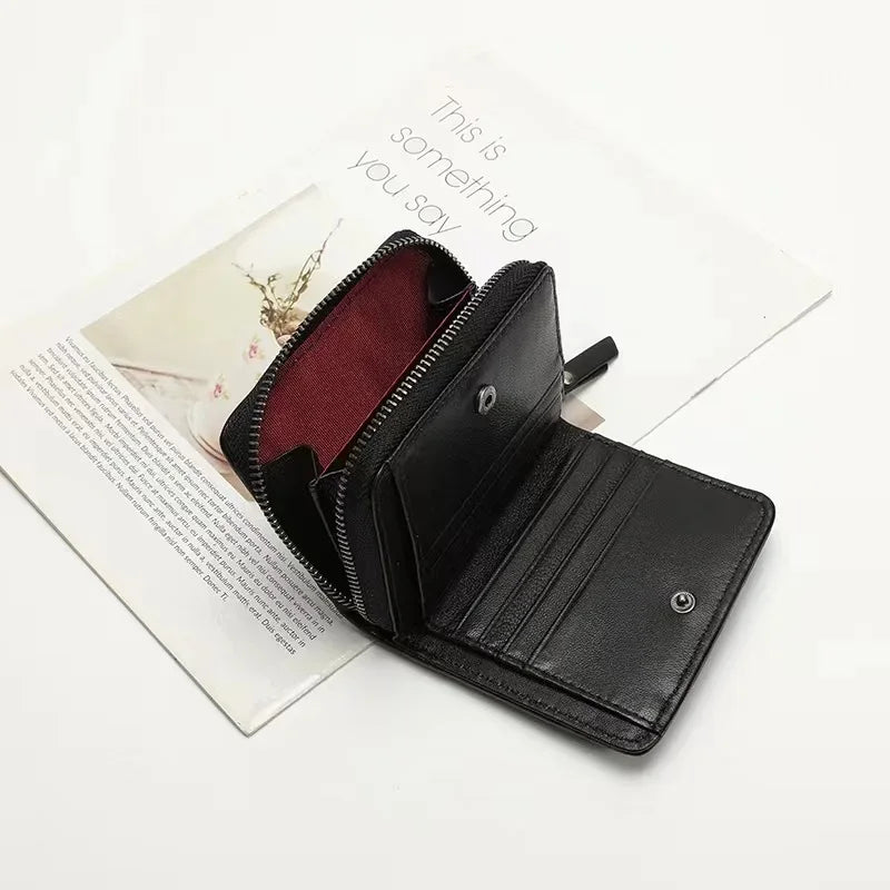 Genuine Lambskin Leather Short Wallet for Women – Quilted Zip Purse