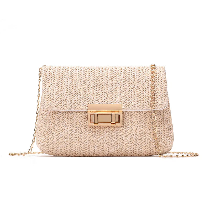 Rainbow Stripe Straw Crossbody Bag for Women – Chain Flap Handbag