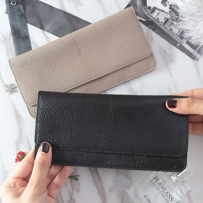 Women's Genuine Leather Long Wallet – Slim Flat Cowhide Purse with Card Slots
